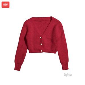 Faux Fur Cardigan Chunky Pearl Button Crop Sweater Y2K Holiday Outfit